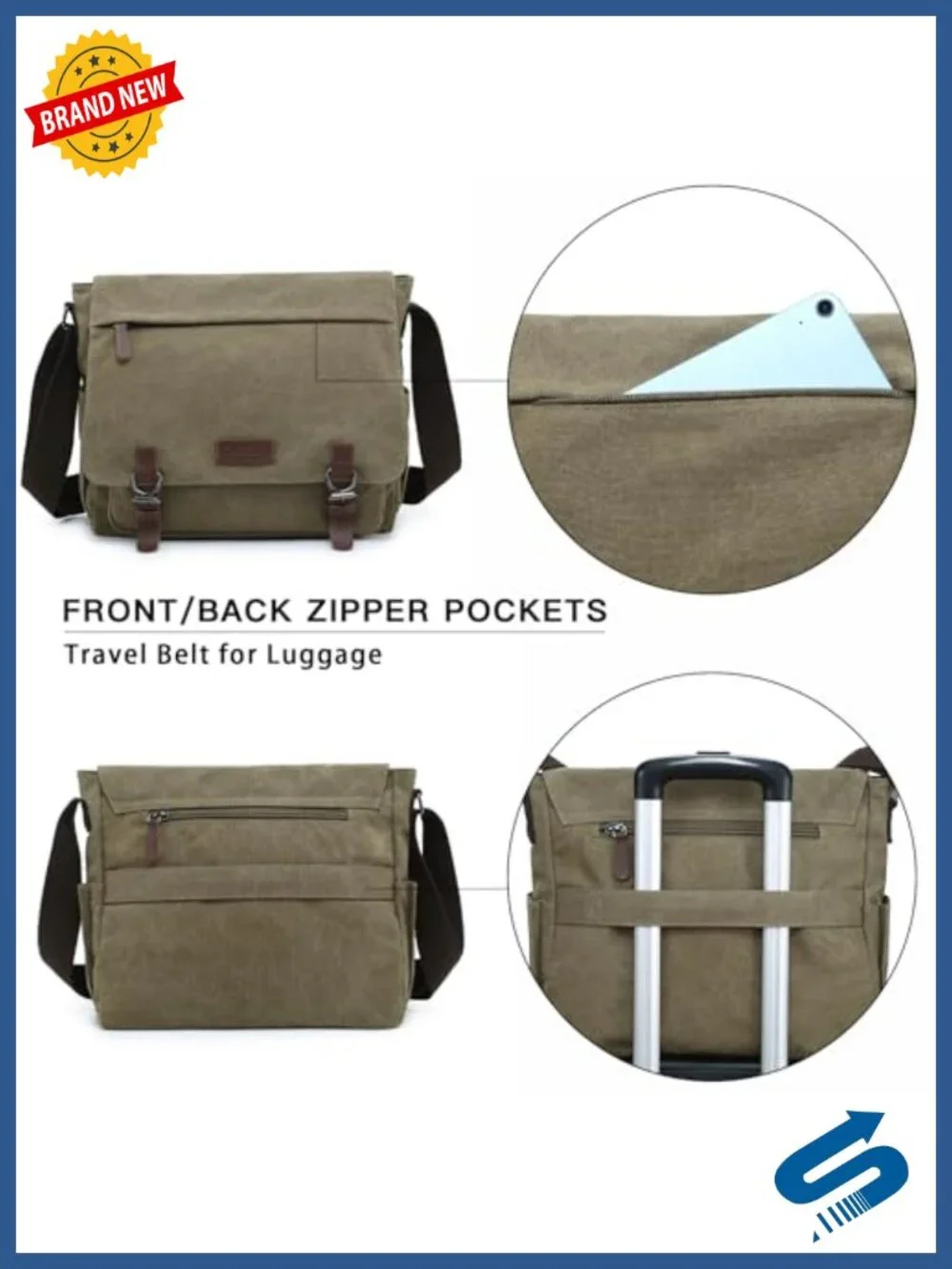 Vintage Canvas Messenger Shoulder Bag Travel Crossbody Purse for 15in Laptop